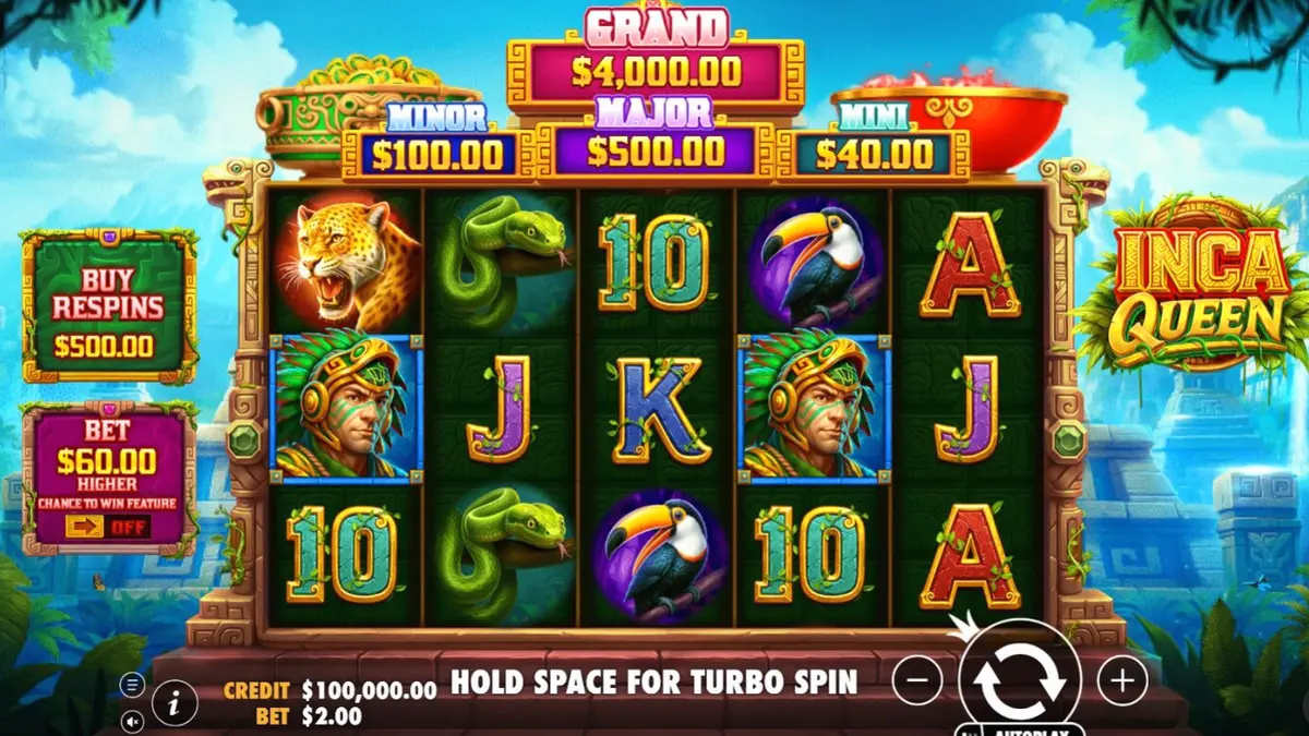 Tampilan visual slot Inca Queen dengan latar belakang kuil kuno dan simbol koin emas.