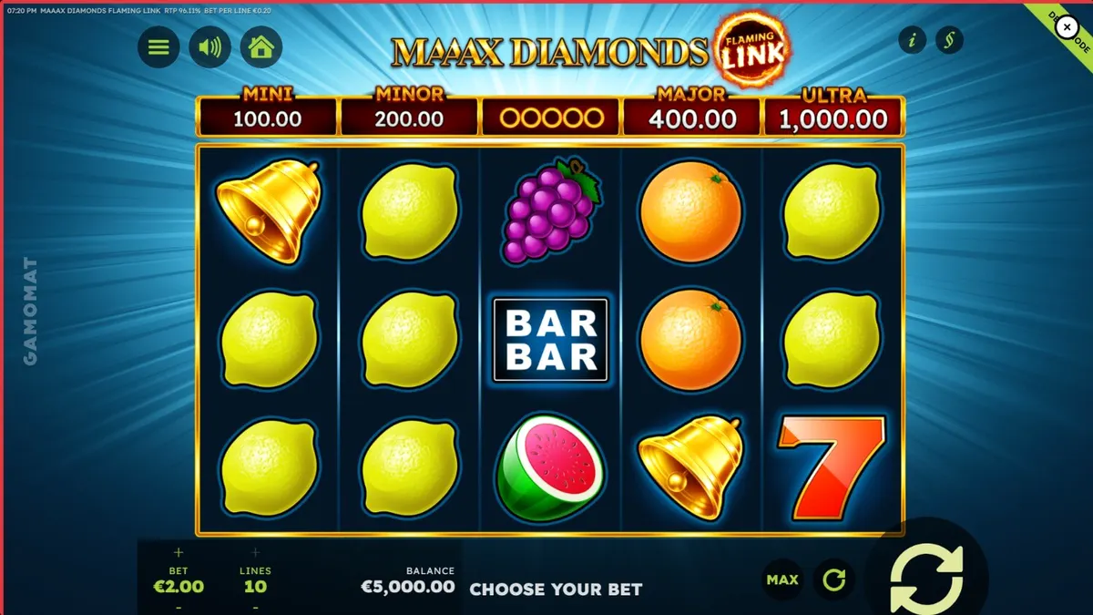 Tampilan visual slot Maaax Diamonds Flaming Link dengan simbol buah dan berlian api.